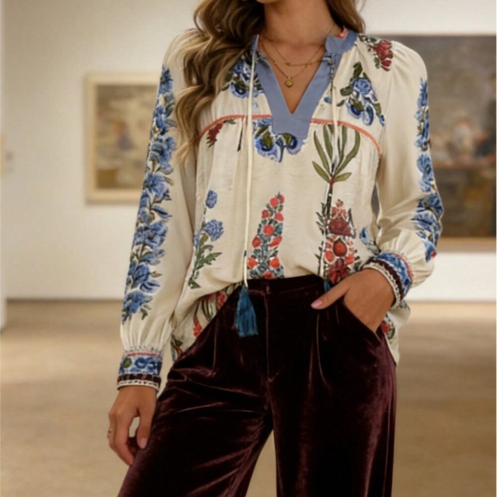Apricot Vintage Boho Women's Floral V-Neck Tassel Long Sleeve Blouse - Picture 5 of 5